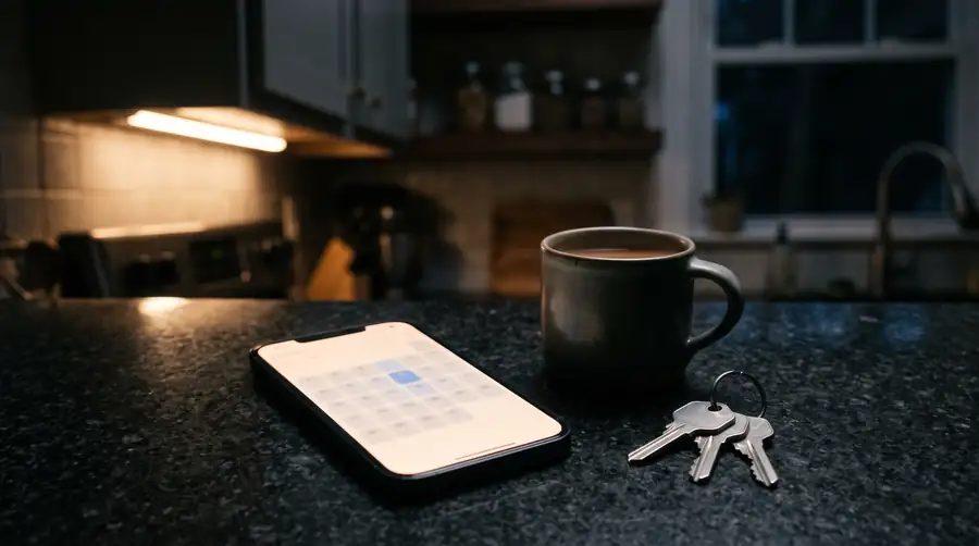 A phone showing a calendar with one day picked, on a dark kitchen counter at night next to a mug and a set of keys.