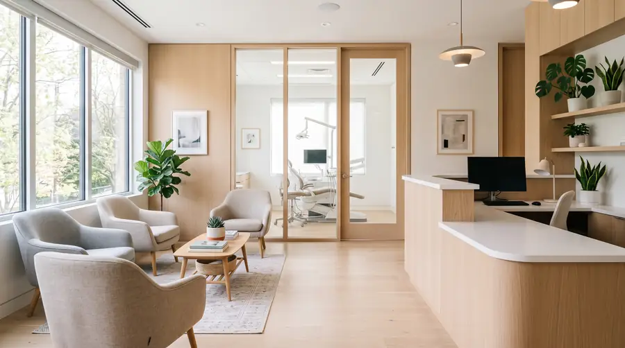 A bright dental office waiting room with pale wood, lounge chairs and plants, and a treatment room visible through glass.
