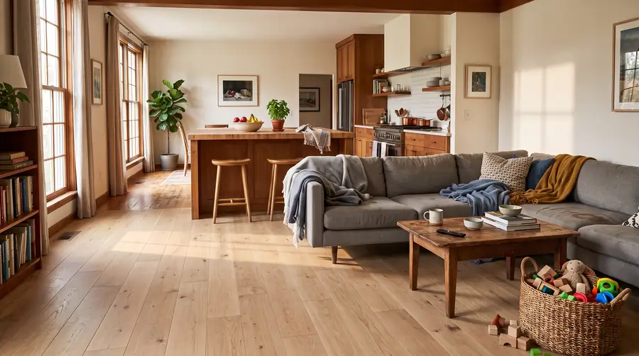 The same room after: wide-plank natural white-oak flooring, the same furniture back in place.