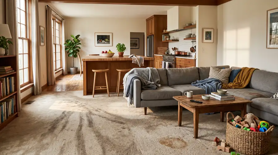The family room before: worn beige carpet with traffic paths and a stain by the sofa.
