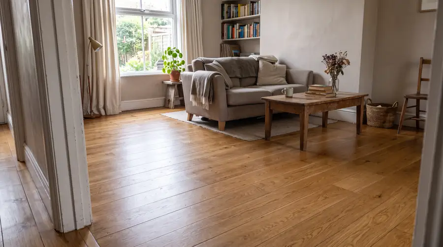 The same room after: new honey oak plank flooring.
