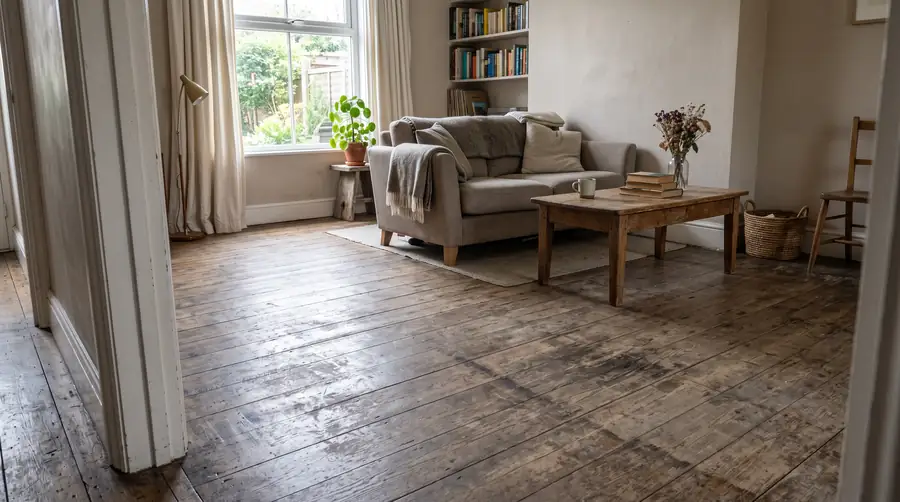 The room before: worn, scuffed and stained old floorboards.