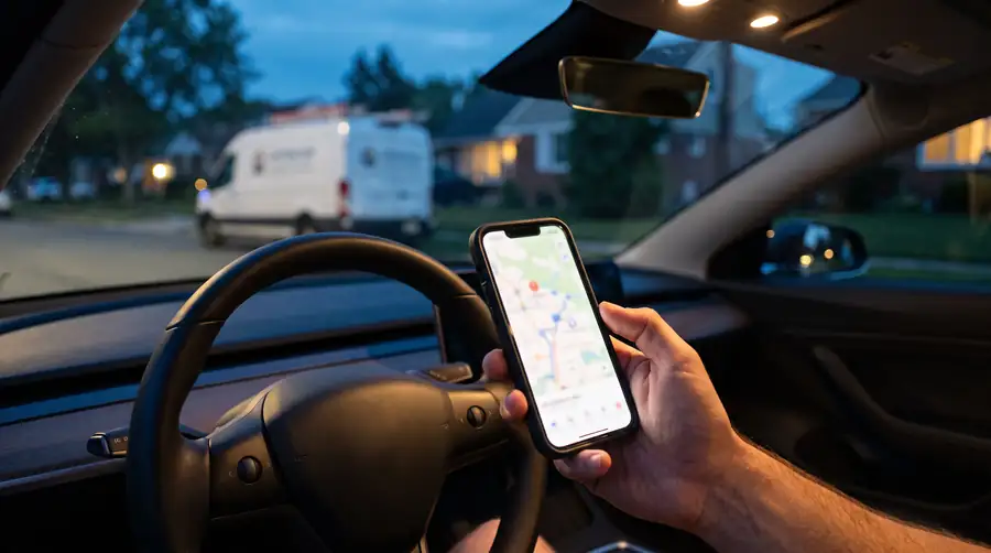 A hand holding a phone with a map open, inside a car parked on a suburban street at dusk, a work van across the road.