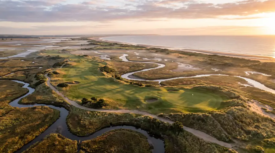 A links-style golf course on a coastal salt marsh at sunrise: a fairway curving between tidal creeks to a green with a flag.