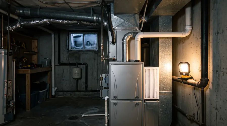 A basement utility room at night with a high-efficiency furnace, flex duct overhead, a work light and frost on the small window.