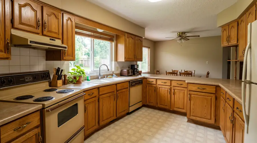 The kitchen before: honey-oak cabinets, laminate counters, an almond stove and dishwasher, and a vinyl floor.