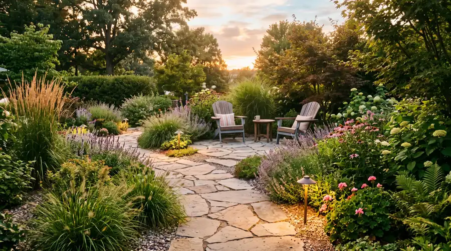 A finished garden at golden hour: a flagstone path through grasses and perennials to a stone patio with two chairs.