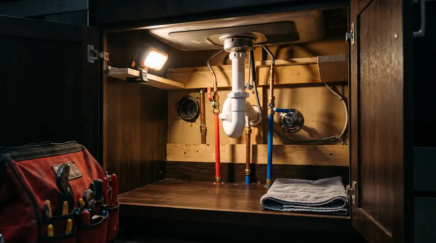 Under a kitchen sink at night: new copper and PEX supply lines with shut-off valves, a clean P-trap, a folded towel and a red toolbag, lit by a work light.