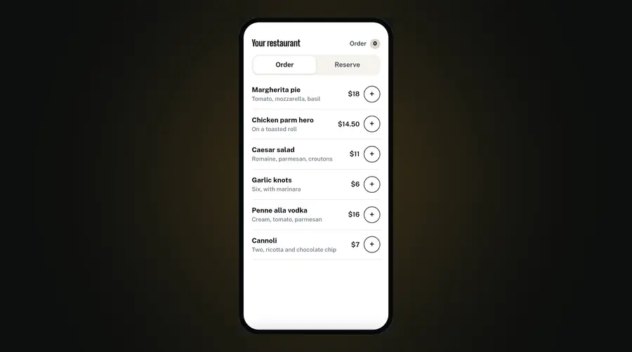 The example restaurant app on a phone: the menu with prices and an add button on each dish, and Order and Reserve tabs.