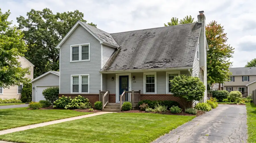 The house before: a worn, moss-stained shingle roof with curling and missing shingles.