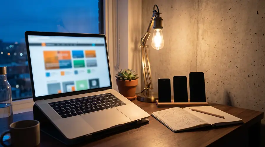 A studio desk at dusk: a laptop showing a web page, three phones on a stand, a notebook of page sketches and a desk lamp.