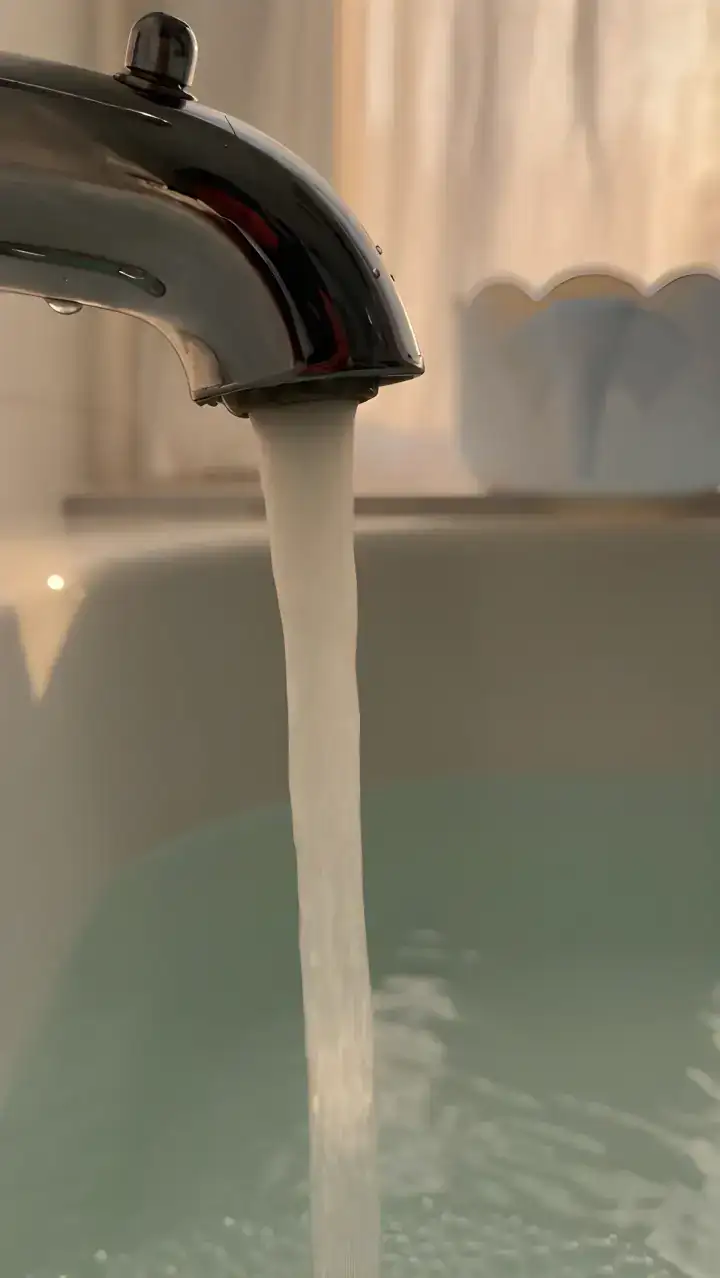 Frames from the Tiipikids home page film: a bath filling, the Bath Buddy toy organizer by the tub, wet toys going in.