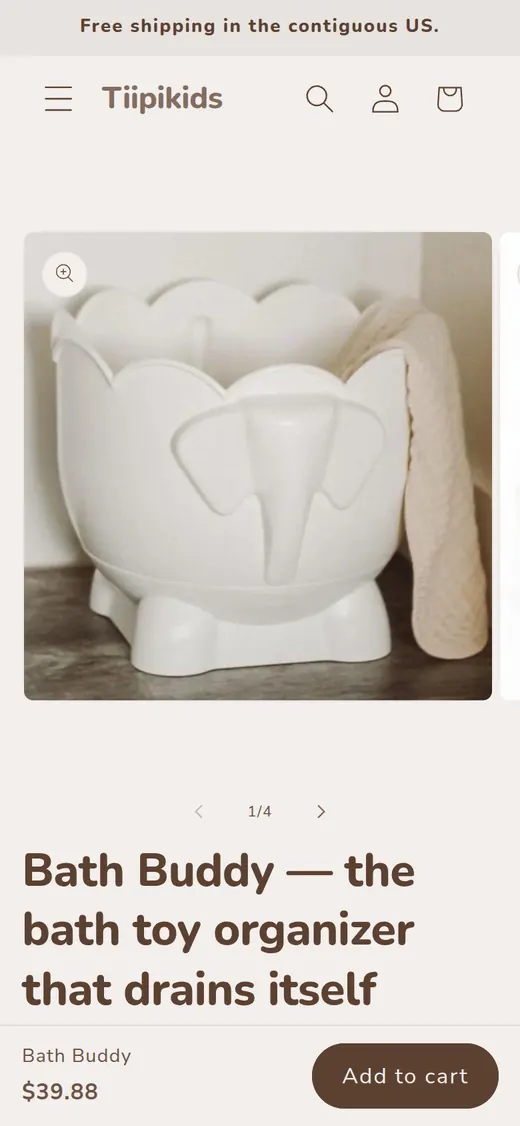 The Bath Buddy product page on tiipikids.com, on a phone: the white elephant toy organizer, its name, price and Add to cart button.