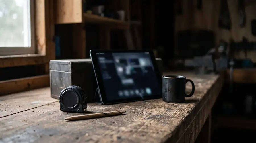 A tablet showing a dark website mockup on a workshop bench, beside a tape measure, a pencil and a mug.