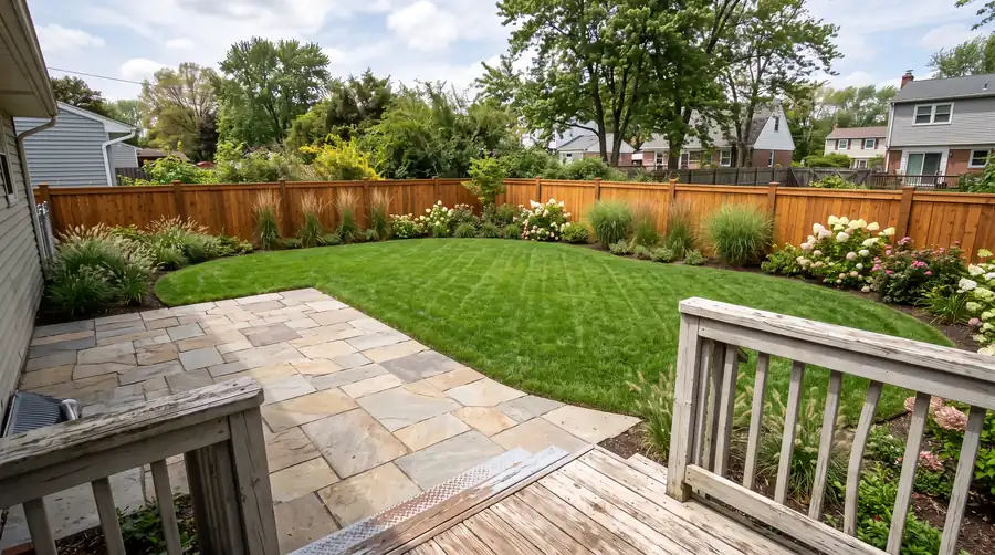 The same yard after: a natural-stone patio, curved planted beds with grasses and hydrangeas, a fresh lawn and a cedar fence.